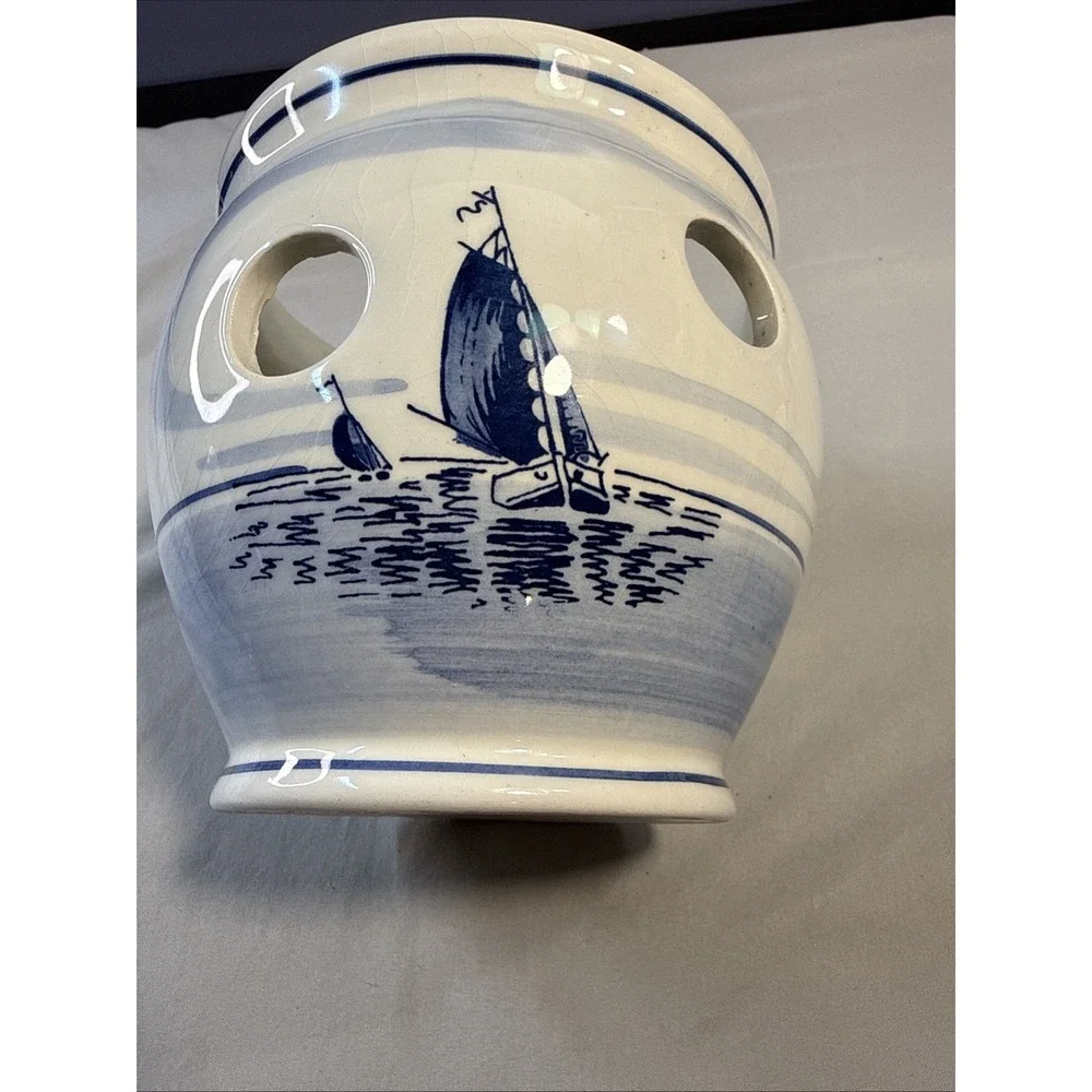 Vintage Delft Blue Bulb Forcing Planter/ Crocus Pot/ Luminary Cutouts Sailboat